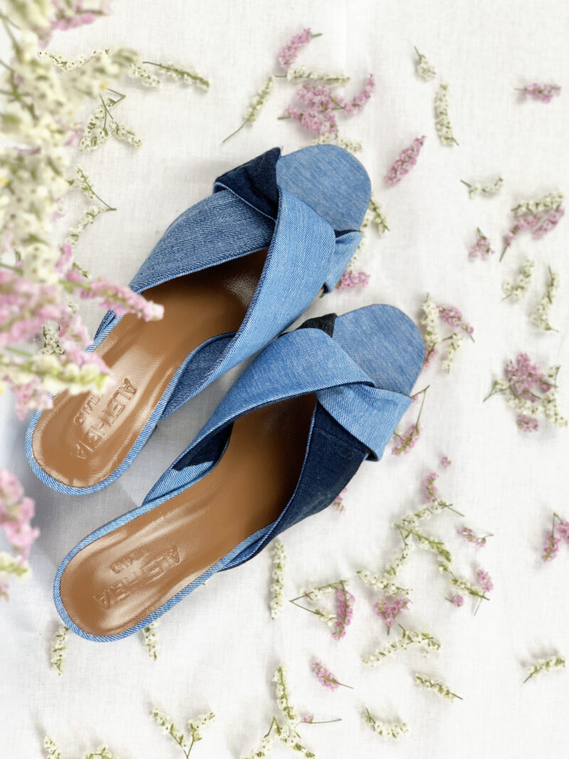 Handmade Italian high-heel sandals in upcycled denim, promoting social fairness