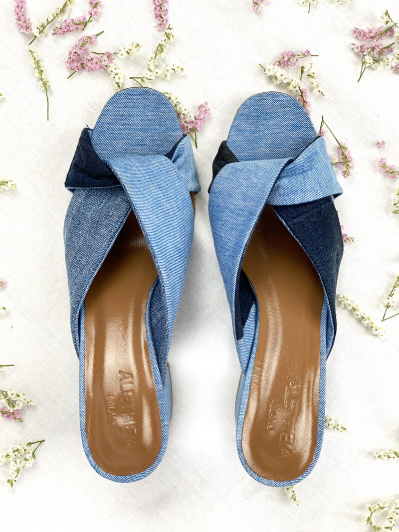 Handmade Italian high-heel sandals in upcycled denim, promoting social fairness