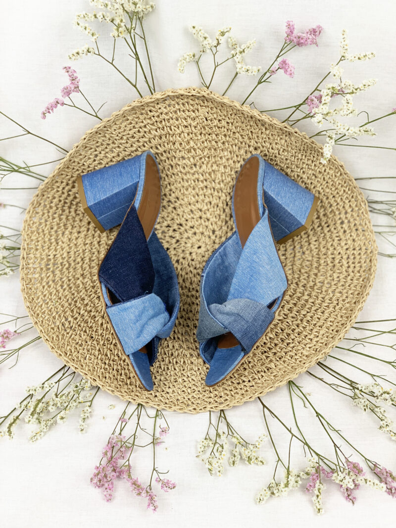 Handmade Italian high-heel sandals in upcycled denim, promoting social fairness