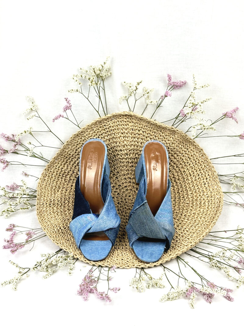 Handmade Italian high-heel sandals in upcycled denim, promoting social fairness