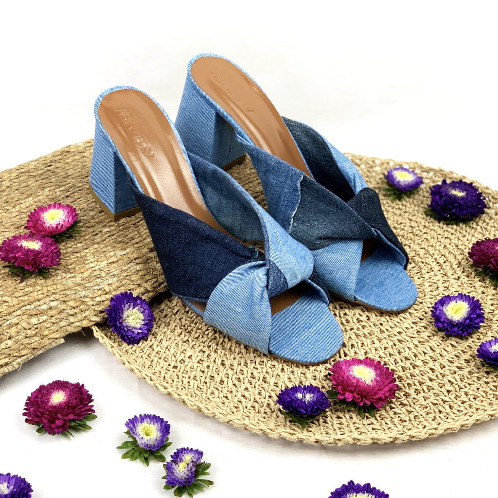 Handmade Italian high-heel sandals in upcycled denim, promoting social fairness