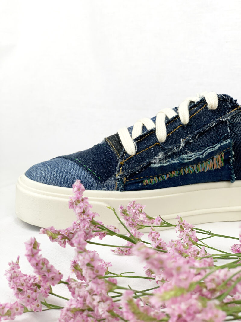 Italian handmade upcycled sneakers in denim, promoting social fairness