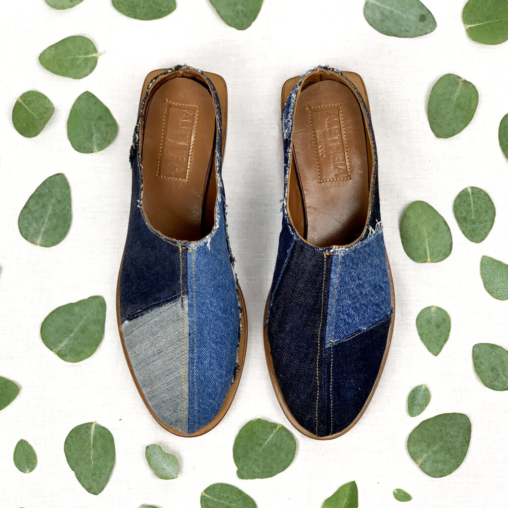 Handmade Italian mules in upcycled denim, promoting social fairness